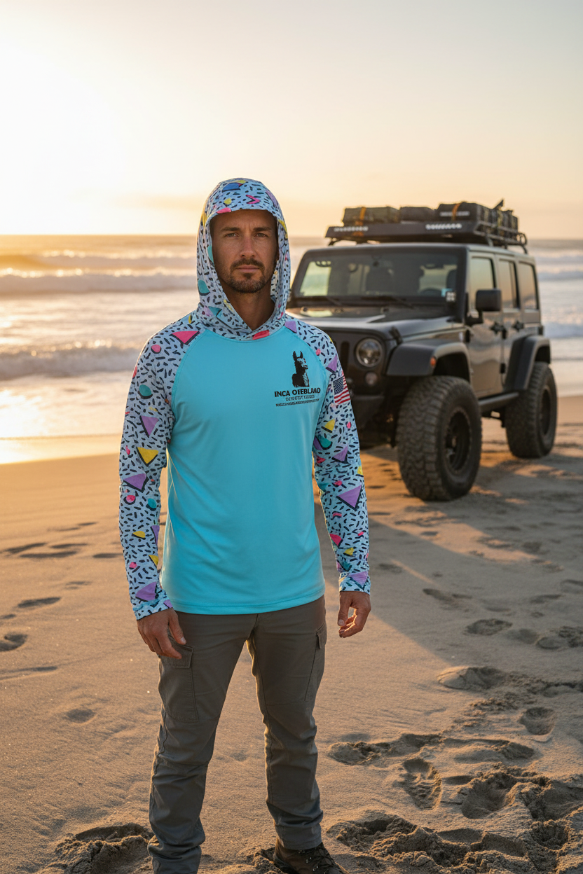 Children's hoodie with geometric pattern and visible branding on a white background